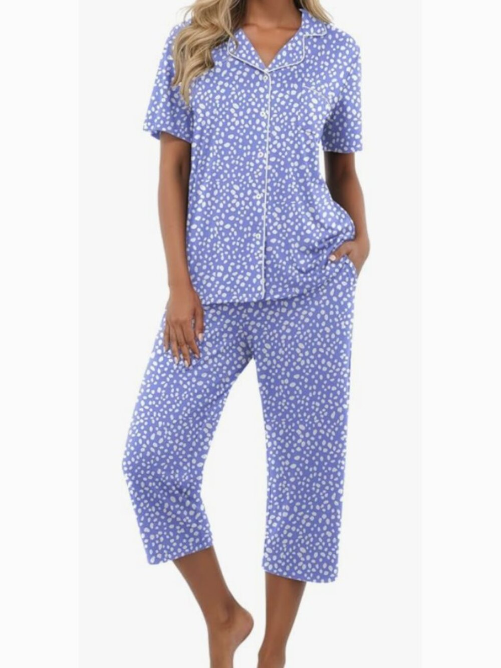 2 Piece Pajama Set with Capri Pants with Pockets and Button Down Shirt